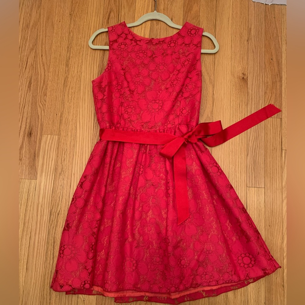 ModCloth Rise Red floral dress with tie waist belt, small